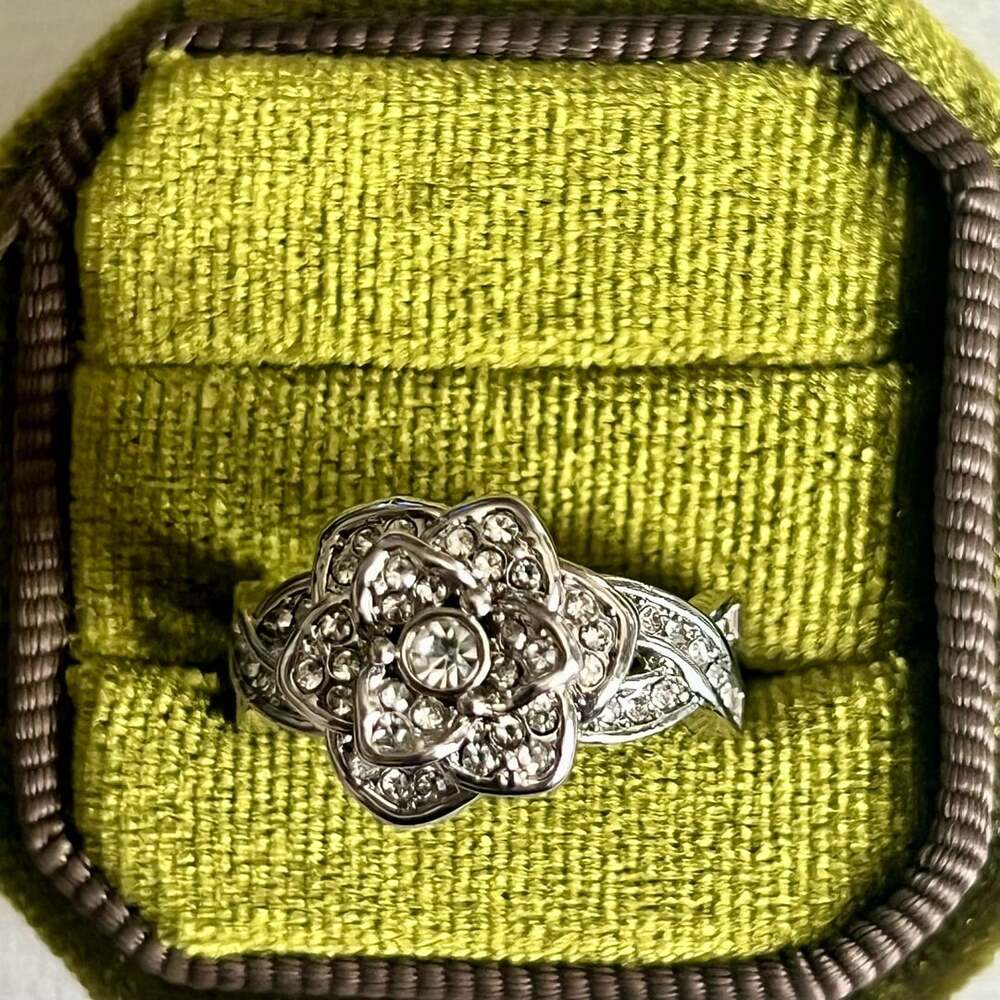 Silver Crystal Rose Flower Cocktail Ring Pave Split Shank Size 8